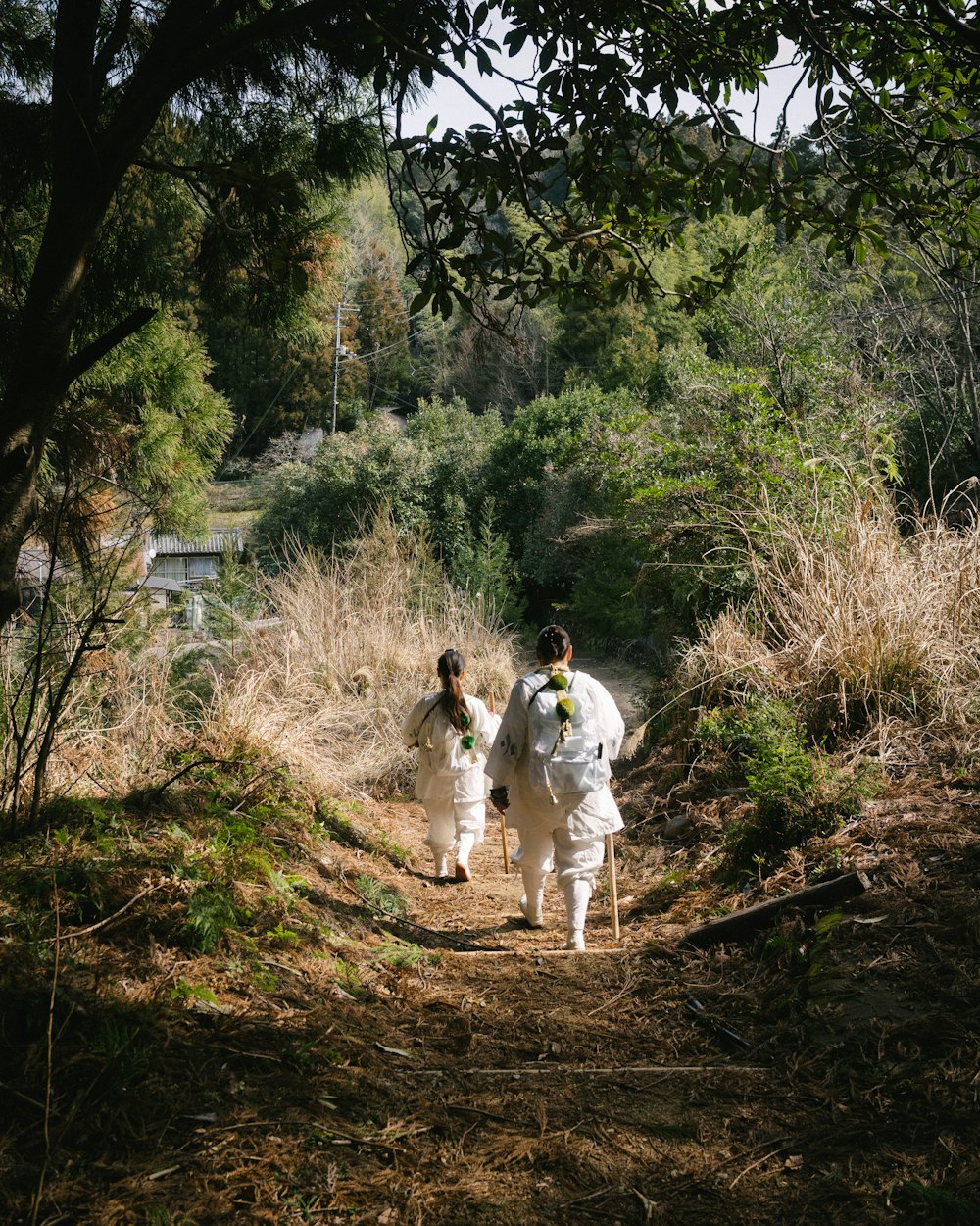 a couple of people walking down a dirt road