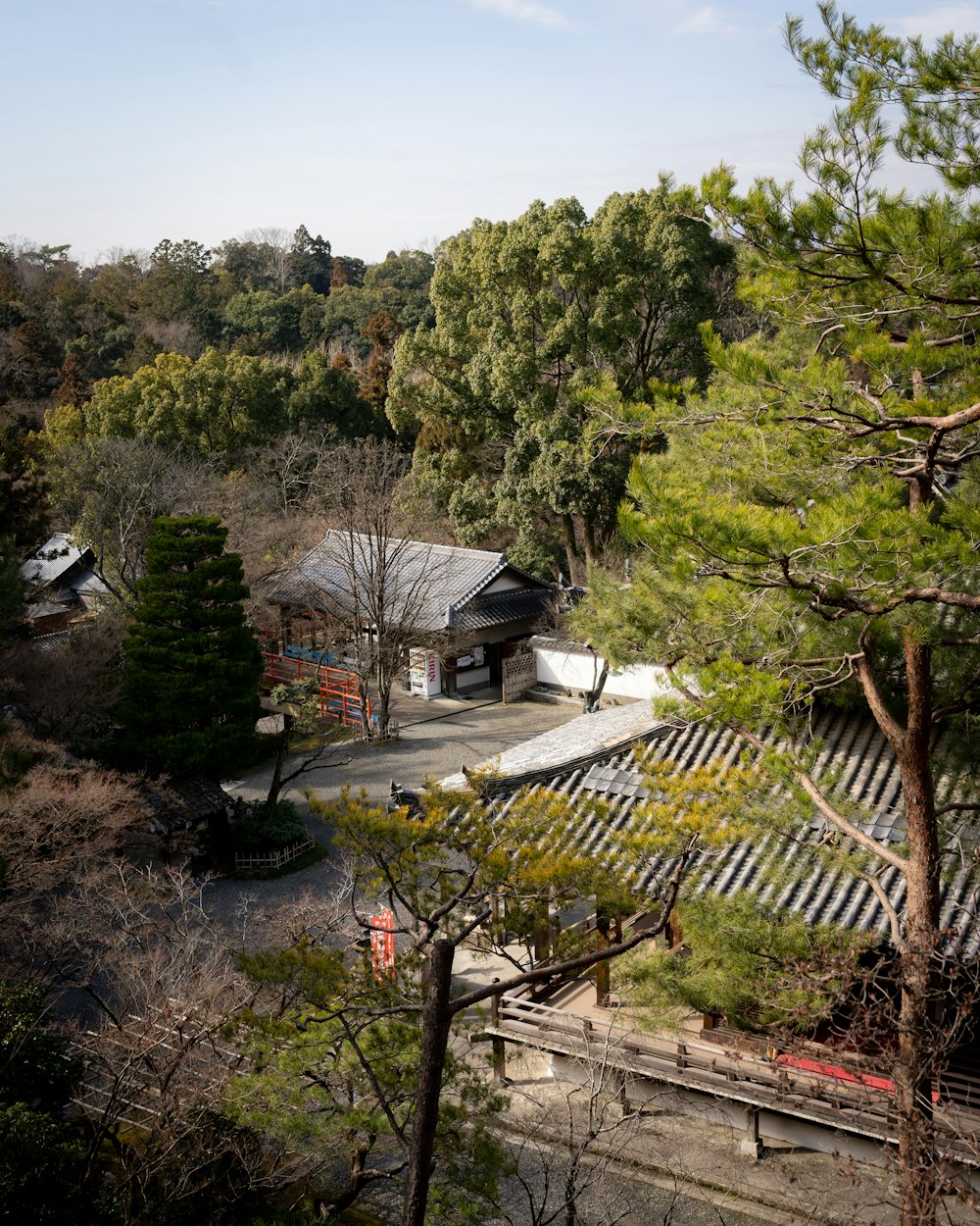 a small building surrounded by trees in a forest