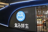 A storefront of a retail location featuring a large, prominently displayed logo of a stylized blue hippo. The logo is circular and placed on a dark panel. Below the logo, there are Chinese characters lit in white. Inside the store, visible through large windows, are shoppers and various grocery items.