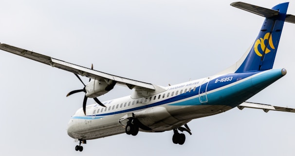An airplane with twin engines on the wings is captured against a light gray sky, prominently displaying its blue and white color scheme. The airline logo and registration number are visible on the tail.