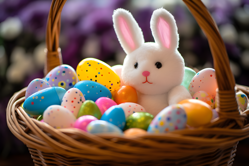 a stuffed rabbit sitting in a basket filled with eggs