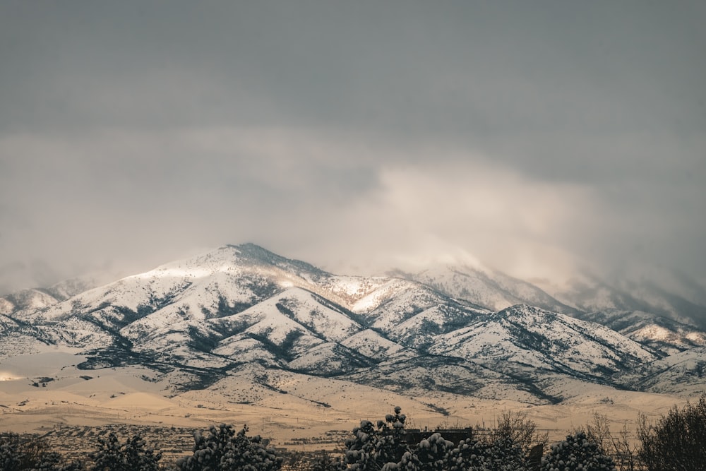 a snow covered mountain range under a cloudy sky