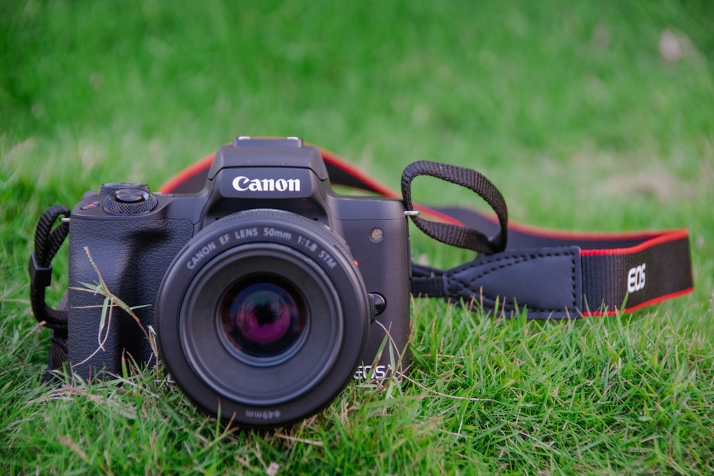 a camera sitting in the grass with a strap around it