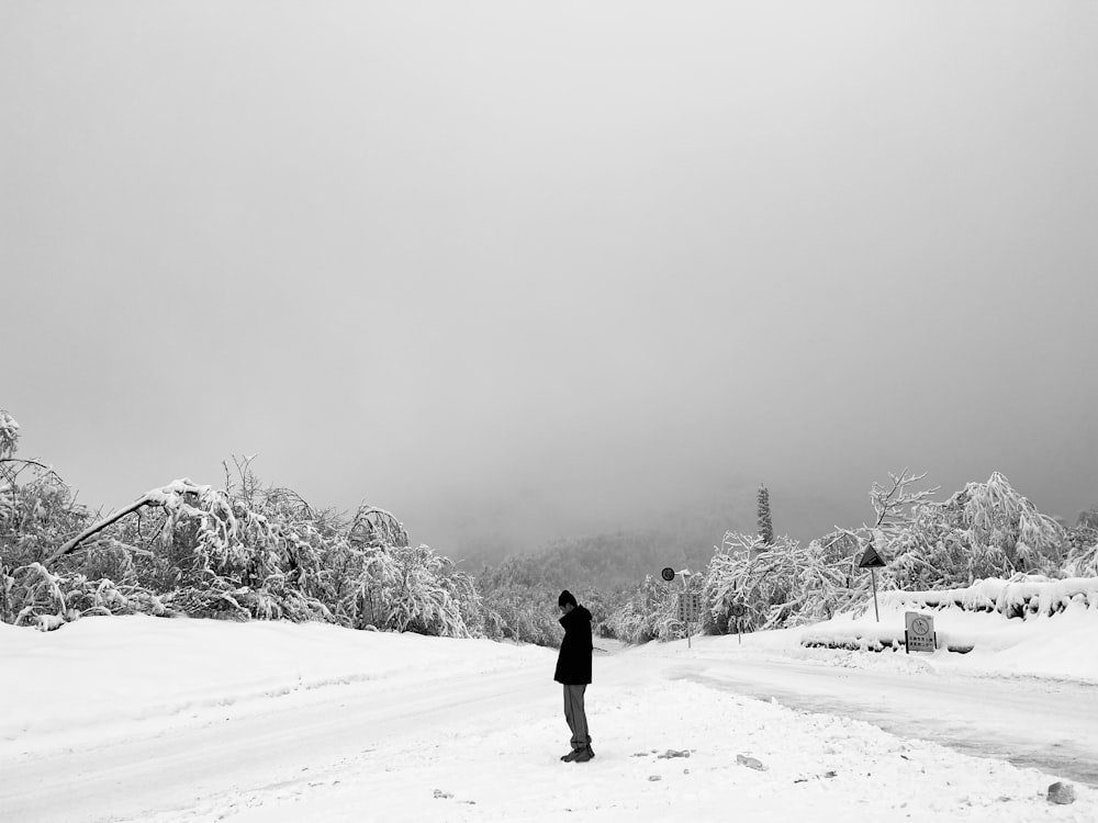 a person standing in the middle of a snowy road