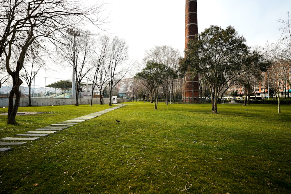 a grassy field with steps leading up to a tower