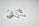 A pair of wireless earbuds resting on a flat, white surface. The earbuds have a sleek design with a glossy finish, featuring small black accents and an ergonomic shape.
