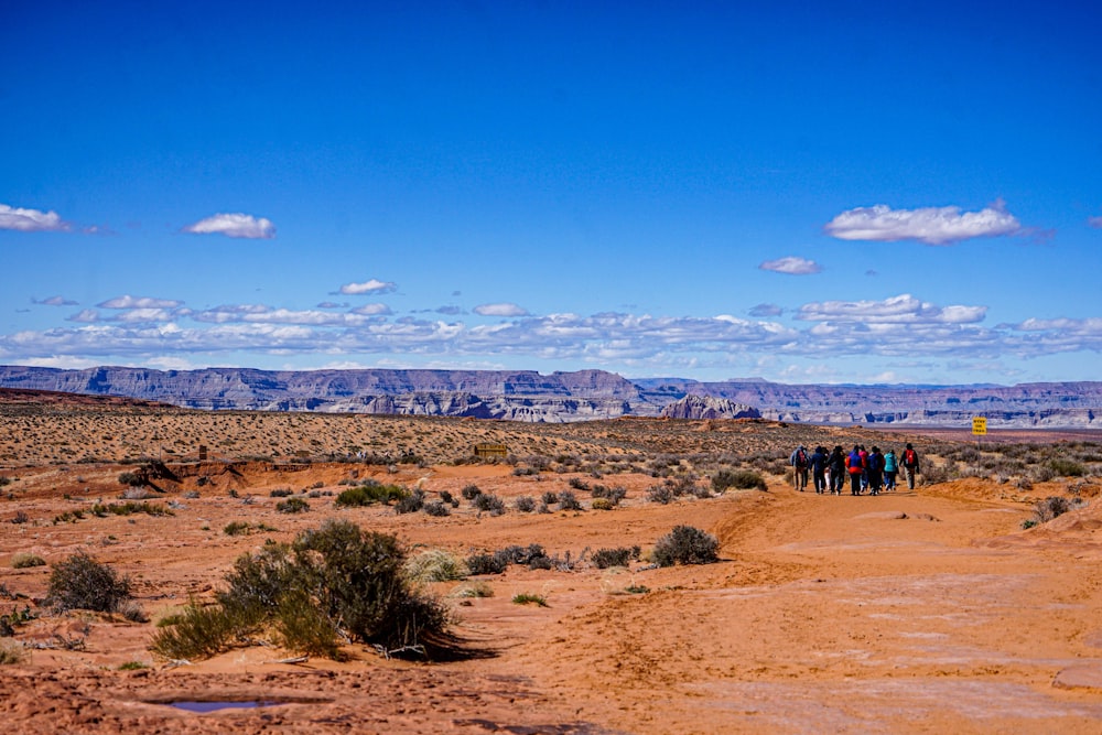 a group of people standing on a dirt road