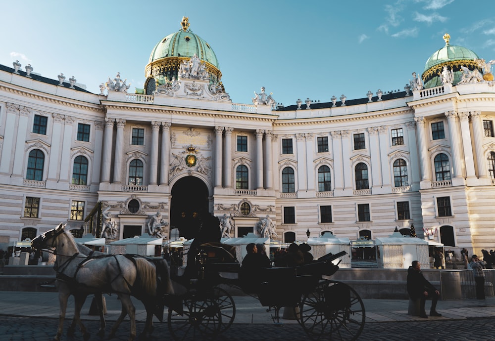 a horse drawn carriage in front of a large building