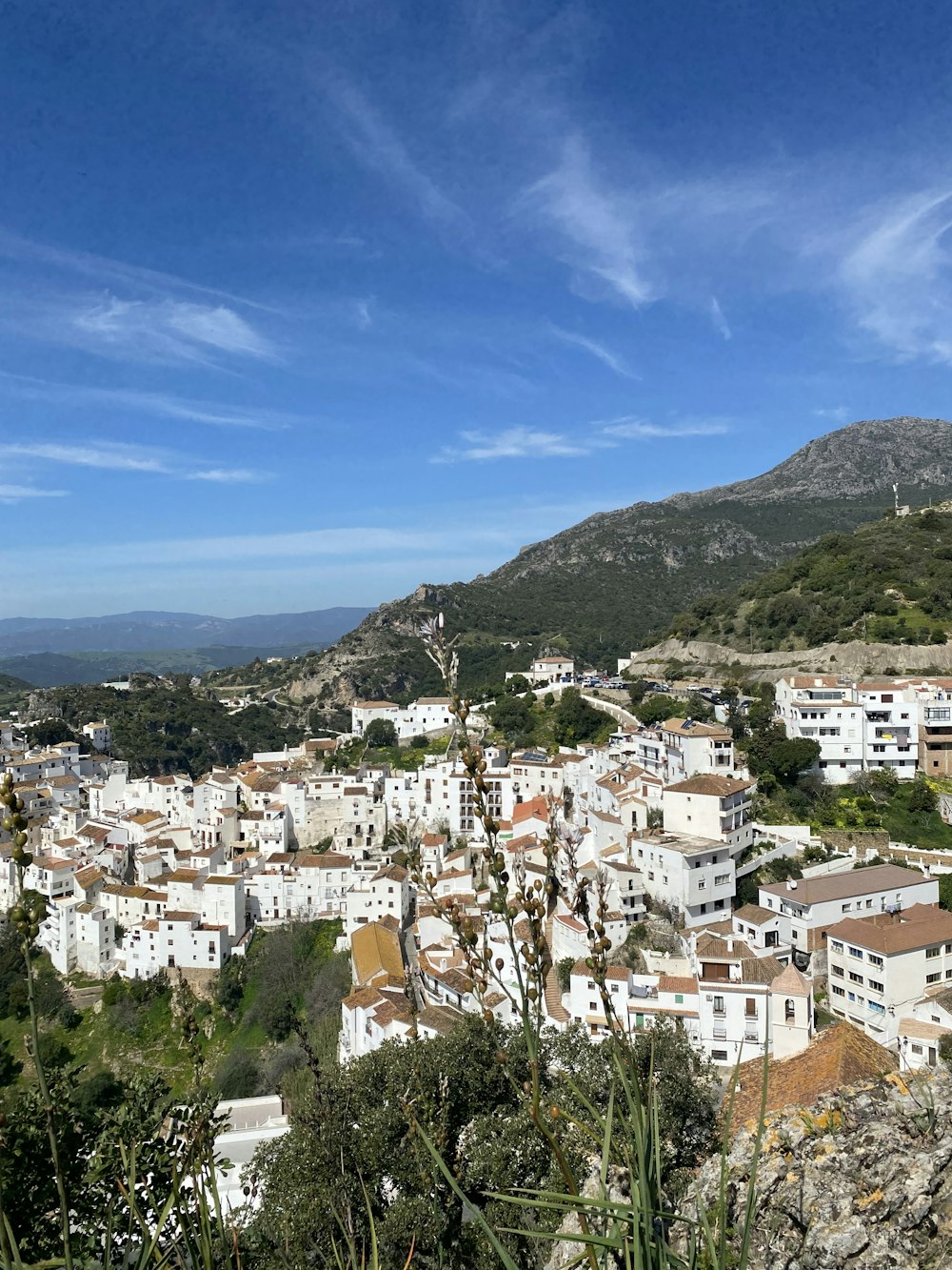 a view of a town from the top of a hill