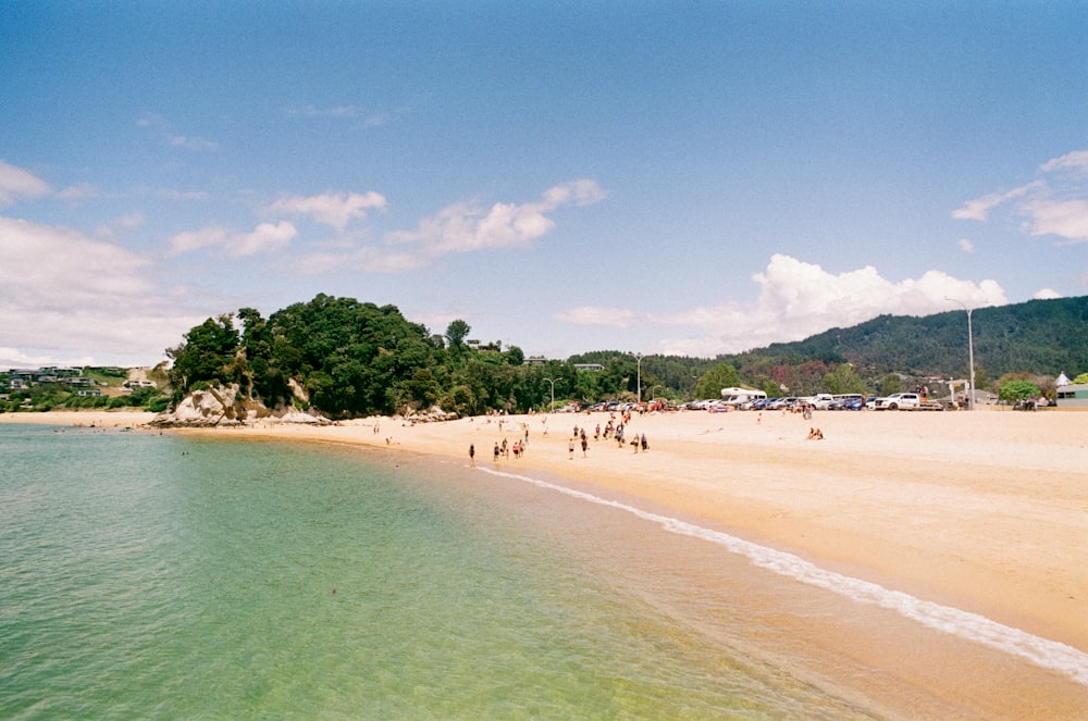 a group of people walking along a beach next to the ocean