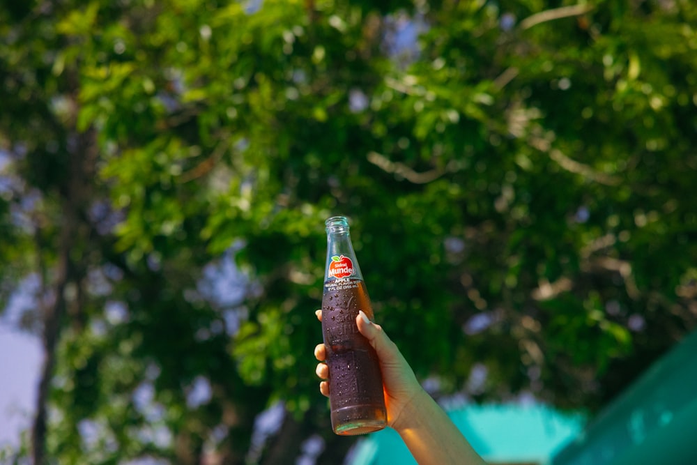 a person holding a bottle of soda in their hand