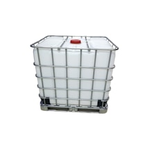 A large, white industrial container, often referred to as an Intermediate Bulk Container (IBC), is enclosed in a metal cage for support and stability. The container features a red cap on the top.