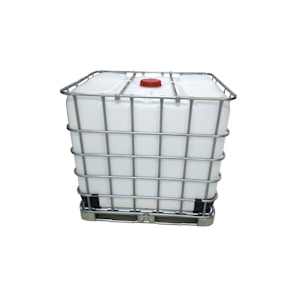 A large, white industrial container, often referred to as an Intermediate Bulk Container (IBC), is enclosed in a metal cage for support and stability. The container features a red cap on the top.