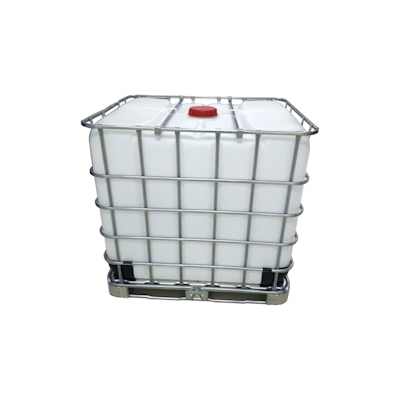 A large, white industrial container, often referred to as an Intermediate Bulk Container (IBC), is enclosed in a metal cage for support and stability. The container features a red cap on the top.
