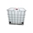 A large, white industrial container, often referred to as an Intermediate Bulk Container (IBC), is enclosed in a metal cage for support and stability. The container features a red cap on the top.