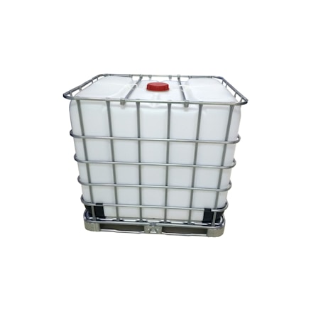 A large, white industrial container, often referred to as an Intermediate Bulk Container (IBC), is enclosed in a metal cage for support and stability. The container features a red cap on the top.