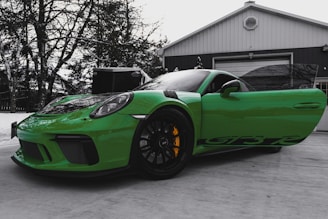A vibrant green sports car with distinctive black accents is parked on a concrete surface in front of a garage. The car has its driver's side door open, revealing part of the interior. Yellow brake calipers stand out against the black rims. Bare trees and a snow-covered environment can be seen in the background, suggesting a cold weather setting.