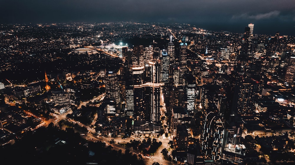 an aerial view of a city at night