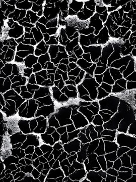 Cracked, parched earth with irregular patterns forms an intricate network across the surface. The dark crevices and lighter areas create a stark contrast, highlighting the texture and depth of the cracked landscape.