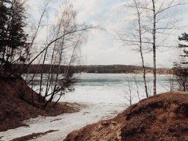 A winter landscape featuring frozen lakes and snow-covered trees.