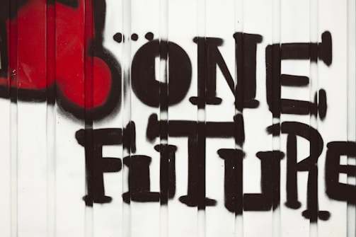 Graffiti art featuring the phrase 'One Future' painted in bold, black letters on a white, corrugated metal surface. A large red symbol resembling a fist or heart is present on the left side of the text.