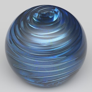 A polished blue sphere reflecting soft light with faint audio wave patterns.
