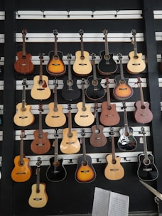 A variety of acoustic guitars are displayed on a black wall with horizontal white slats. The guitars have different shapes, sizes, and colors, including black, brown, natural wood, and sunburst finishes. At the bottom right corner, there is a partially visible open book with musical notes.