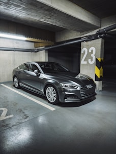 a car is parked in a parking garage