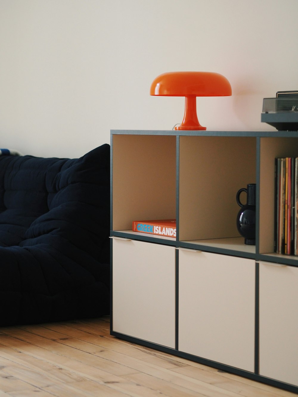 a living room with a couch and a book shelf