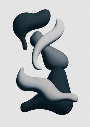 Abstract 3D shapes intertwine and float against a light grey background. The shapes are smooth, curvy, and organic, resembling a fluid and seamless movement.