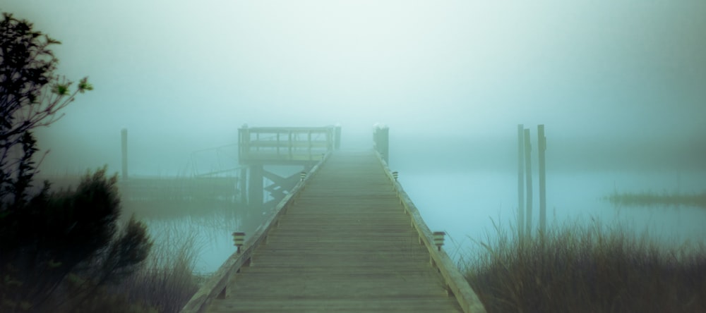 Un muelle en medio de un lago en un día de niebla