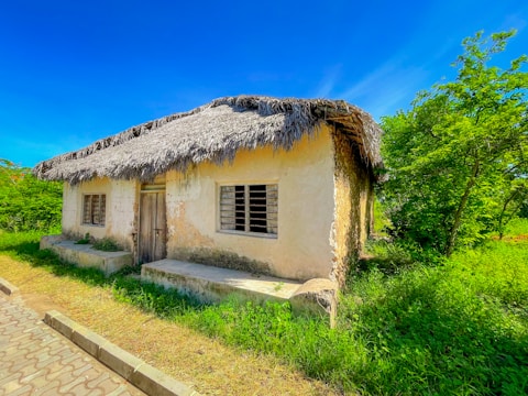 A small, rustic house with a thatched roof, situated in a lush, green environment. The house appears weathered with stucco walls, two windows, and a wooden door. Surrounding the house is vibrant greenery, with dense bushes and trees under a clear blue sky.