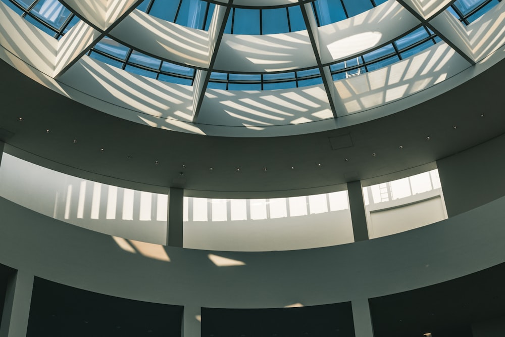 the inside of a building with many windows