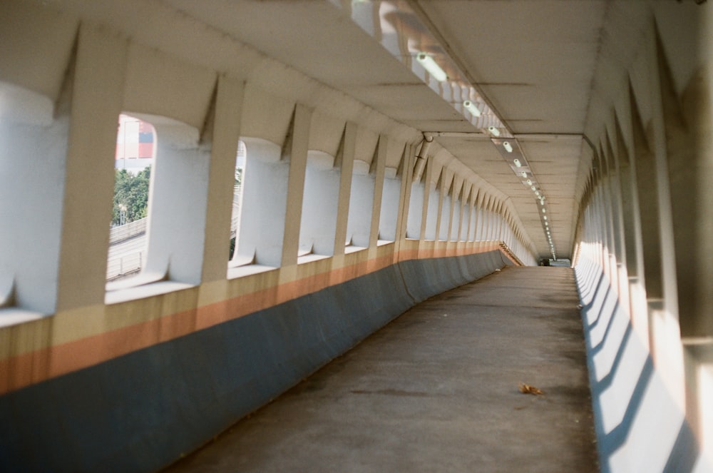 a view of a walkway with a long line of windows
