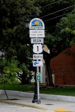 A street sign indicating the beginning of the Florida Keys Scenic Highway, displaying a 'Begin North' notice with a symbolic line marking Mile 0. The background features lush green trees and a brick building.