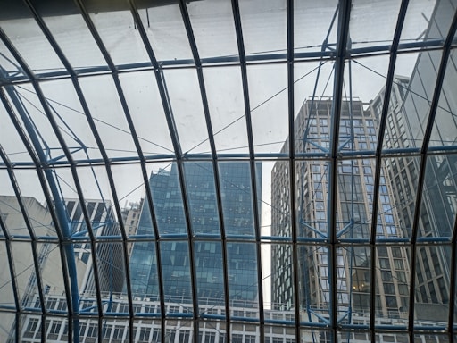 Grid-like structure of a glass roof with blue metal beams, through which tall modern skyscrapers with reflective windows are visible.