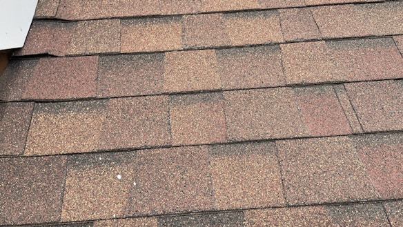 A close-up view of asphalt roof shingles arranged in a uniform pattern. The shingles have a mix of brown, red, and gray tones, with a textured, granular surface. The edges are aligned, showing a layered installation.