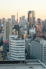 A panoramic view of Tokyo's skyline at sunrise with Mount Fuji in the distance, bathed in warm golden light highlighting sleek glass skyscrapers.