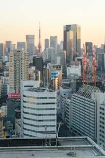 A cityscape featuring a dense collection of modern skyscrapers and office buildings in an urban setting. The Tokyo Tower is prominently visible among the high-rise buildings. The scene is bathed in soft, warm light as the sun sets, casting a golden hue over the city.