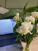 Fresh flowers in a clear vase beside a laptop displaying the blog homepage with bright colors.