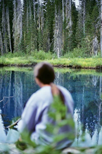 A serene forest scene with a solitary figure meditating under a large tree, embodying calm and contemplation.