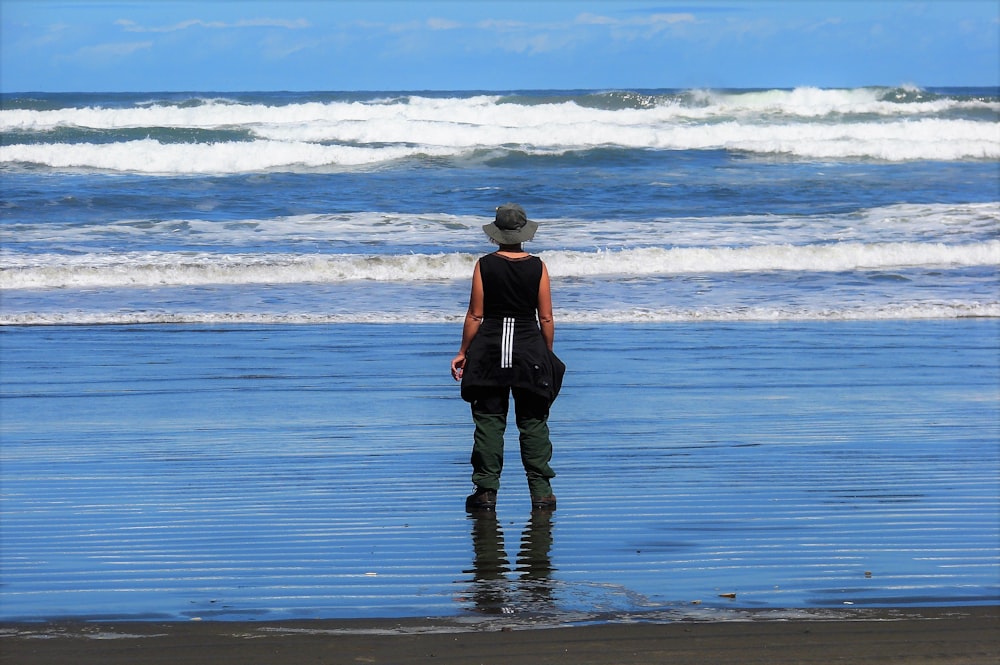 a woman standing on a beach next to the ocean