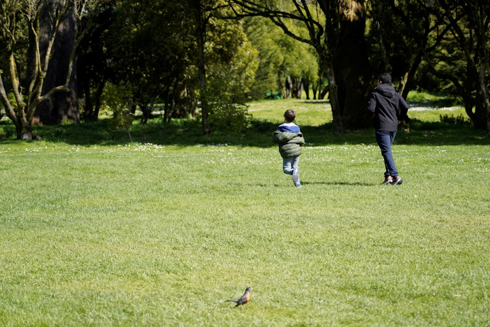 a man and a child are playing in the grass