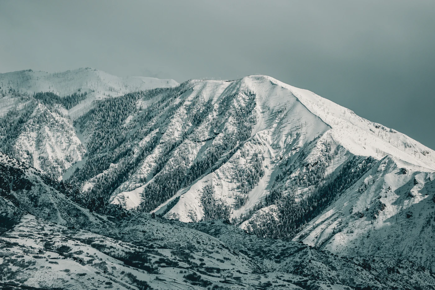A snow-covered Wasatch peak against a clear winter sky
