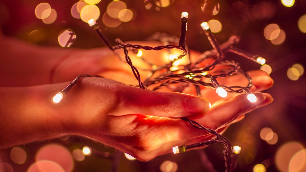 a person holding a string of lights in their hand