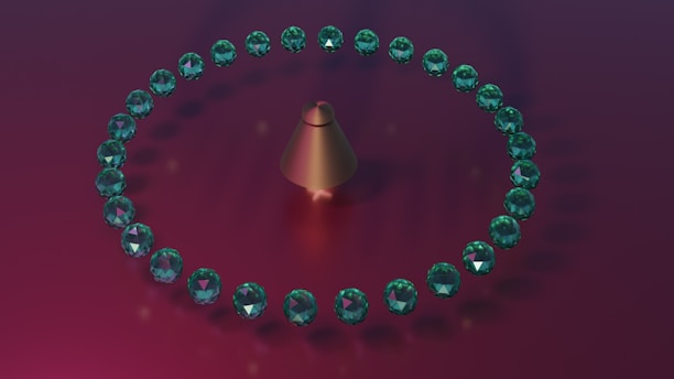 A circular arrangement of green gemstones surrounds a metallic, cone-shaped object on a gradient background transitioning from purple to dark red.