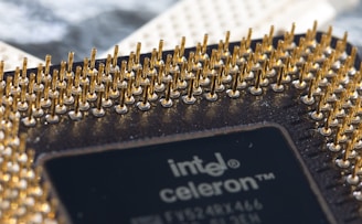 A close-up view of a computer processor displaying the intricate array of gold-colored pins on its surface. The text 'intel celeron' is visible on part of the black chip casing, adding to the technological aspect of the image. The background is slightly out of focus, emphasizing the detailed texture and metallic sheen of the processor pins.