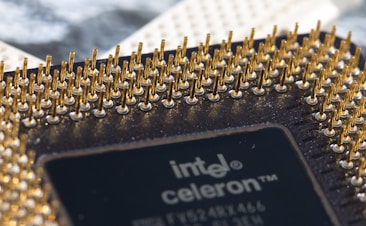 A close-up view of a computer processor displaying the intricate array of gold-colored pins on its surface. The text 'intel celeron' is visible on part of the black chip casing, adding to the technological aspect of the image. The background is slightly out of focus, emphasizing the detailed texture and metallic sheen of the processor pins.
