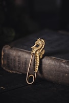 A gold seahorse-shaped brooch rests atop an old, well-worn gray book with visible text, placed on a dark surface.