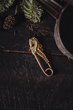A golden seahorse-shaped decorative pin is placed on a dark, rustic wooden surface. Surrounding elements include green pine needles and a pine cone, suggesting a forest or woodland theme.